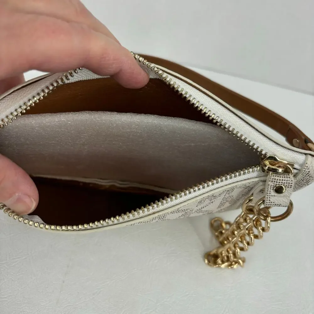 Michael Kors Belt Bag Chain‎ Zip White Signature Logo Faux Leather Size L Belt